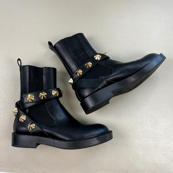 ZARA Ankle Boots Womens 36 6 Black Studded Ankle Strap Chelsea Goth Biker Vegan - Picture 1 of 11